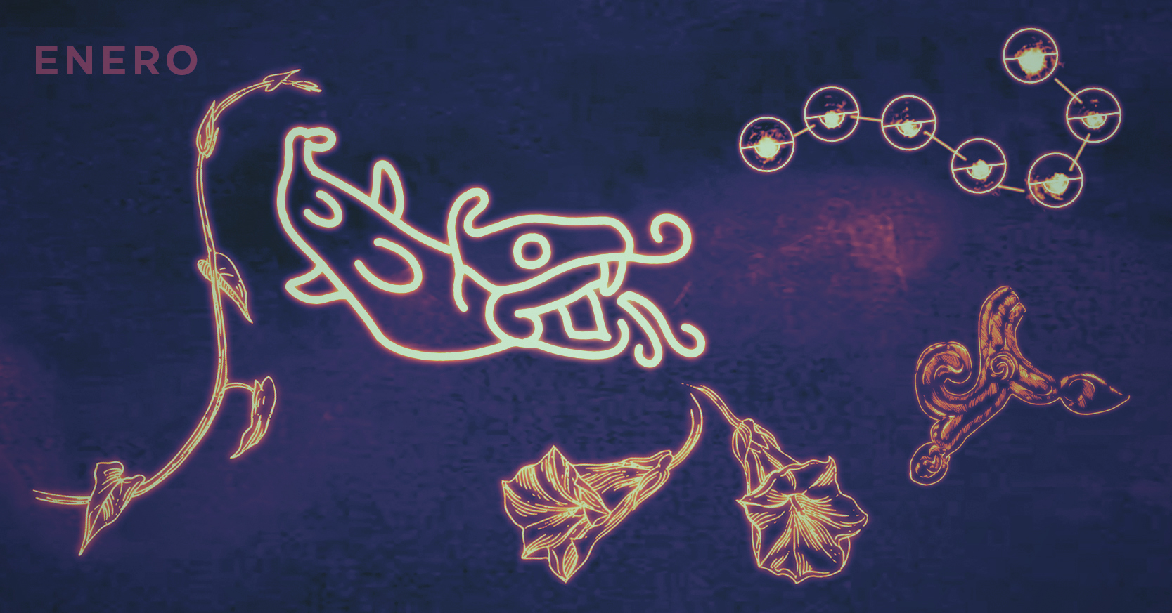 Ilustración de Gonzalo Vásquez para la imagen del Centro Cultural de España en El Salvador en 2026 con un fondo azul-morado, flores y constelaciones